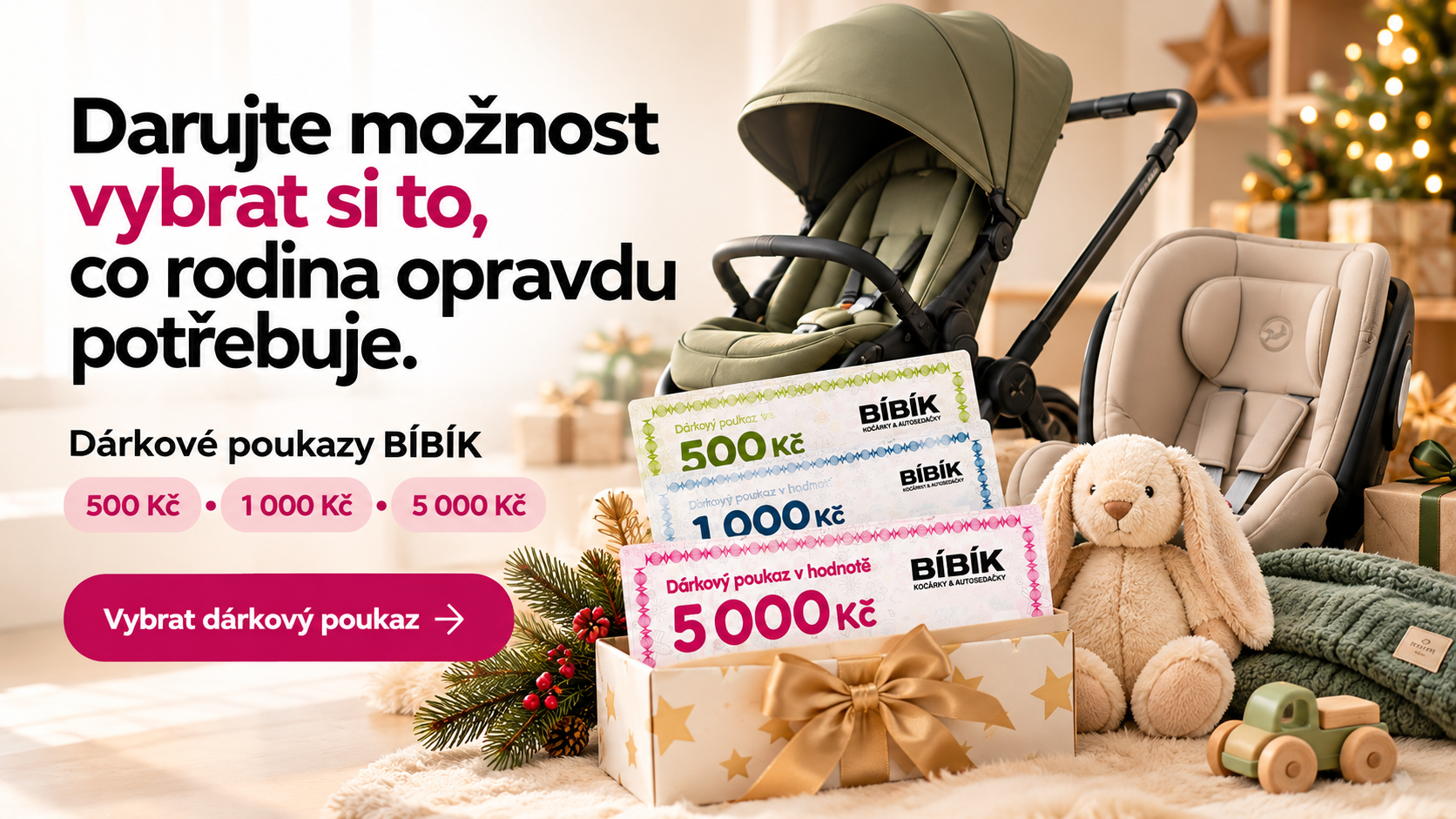 Dárkové poukazy BÍBÍK v hodnotě 500, 1 000 a 5 000 Kč.