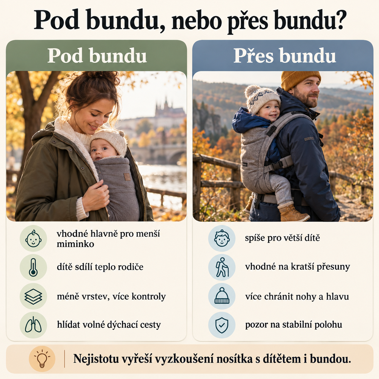 Srovnání nošení dítěte pod bundou a přes bundu