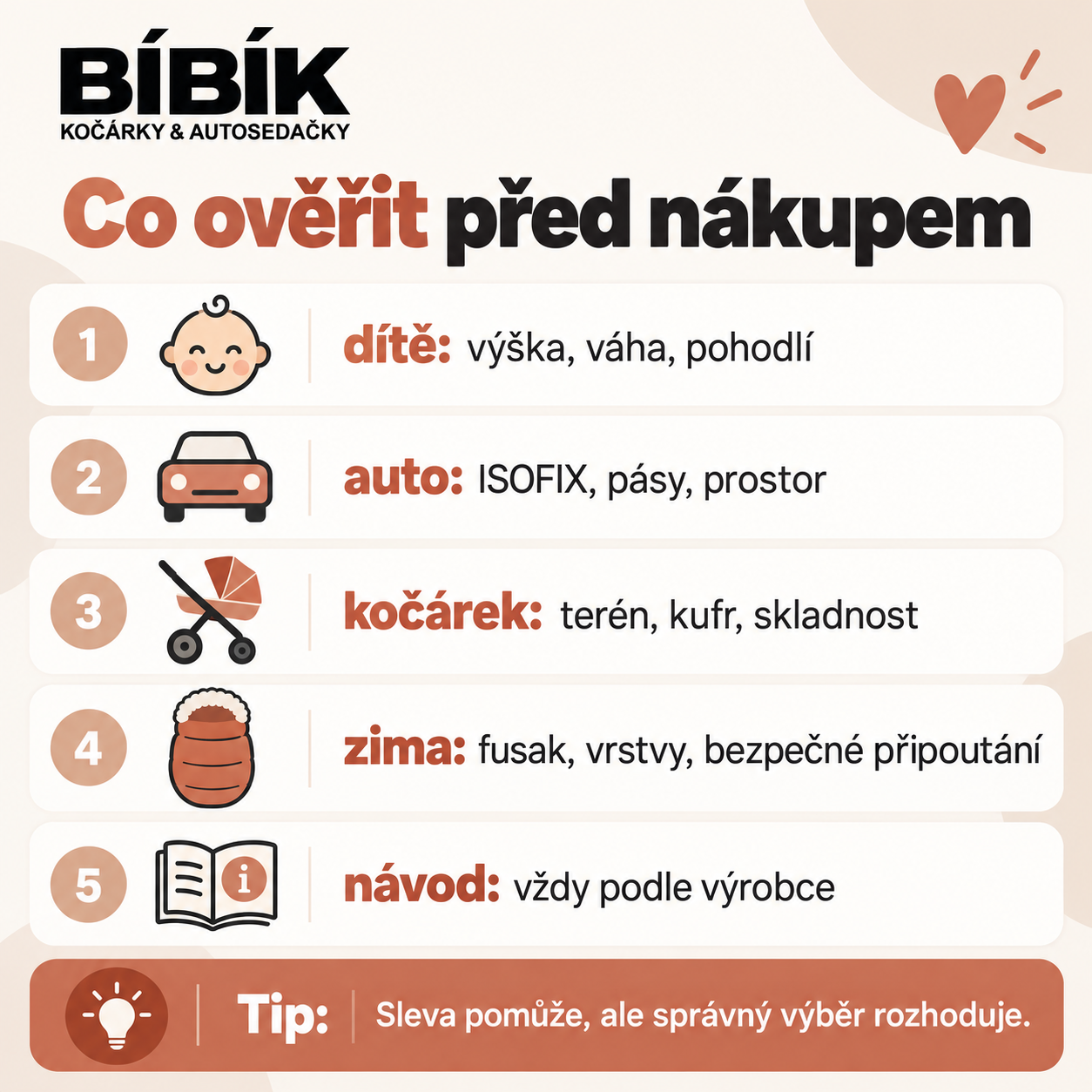 Co ověřit před nákupem: dítě, auto, kočárek, zimní výbavu a návod
