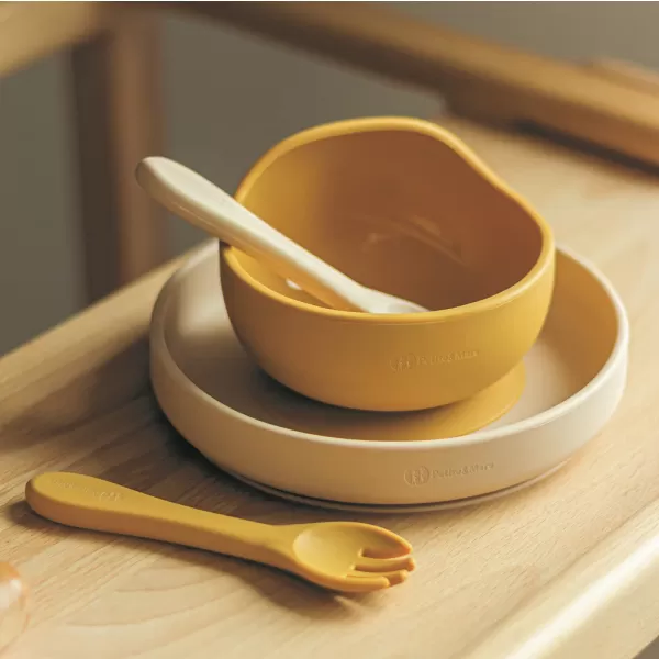 PETITE&MARS Set jídelní silikonový TAKE&MATCH 2 ks miska + příbor 6m+