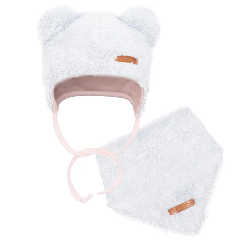 New Baby Zimní kojenecká čepička s šátkem na krk Teddy bear šedo růžová