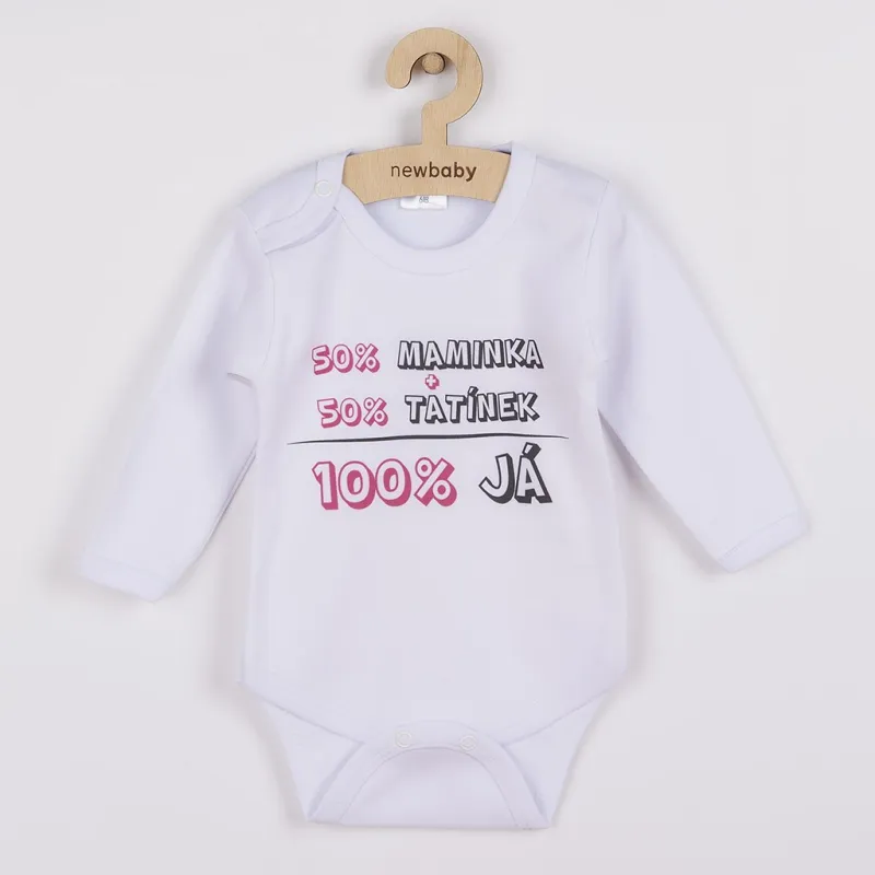 New Baby Body s potiskem 50% MAMINKA + 50% TATÍNEK - 100% JÁ růžové - dárkové balení
