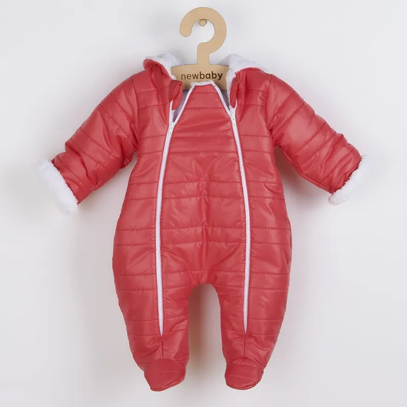 New Baby Zimní kojenecká kombinéza s kapucí a oušky Pumi red raspberry
