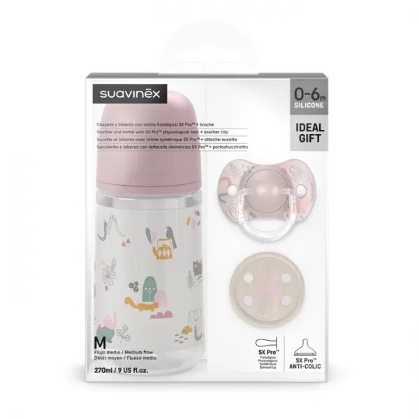 SUAVINEX Sada láhev 270ml + dudlík fyziologický 0/6m + klip Walk