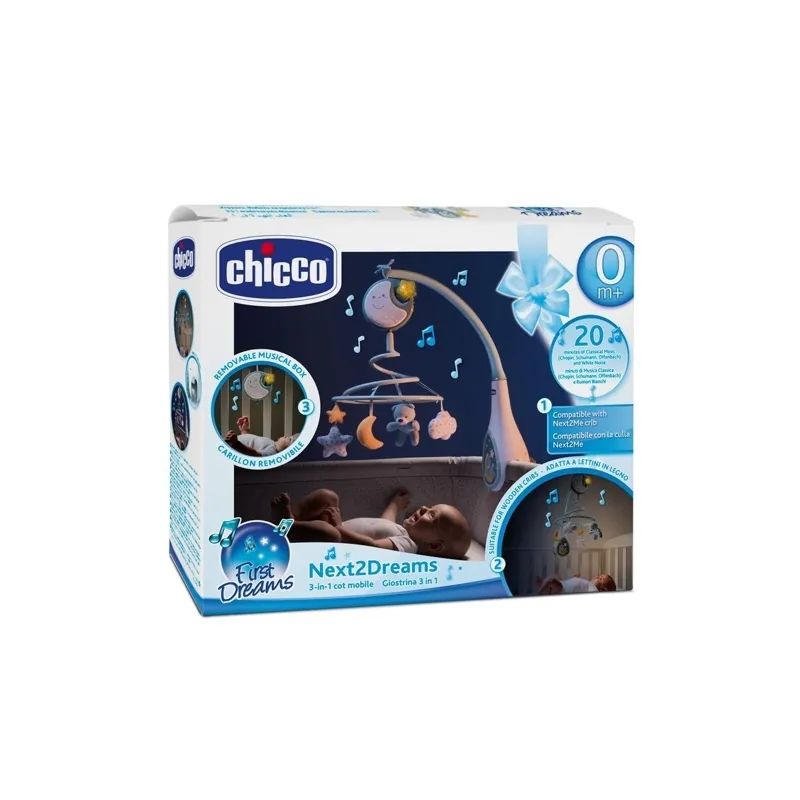 CHICCO Kolotoč nad postýlku a závěsná hračka 3v1 Next2Dreams modrá 0m+