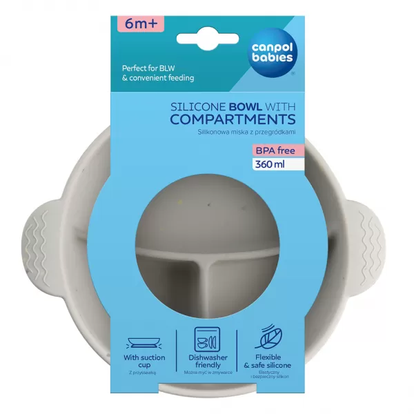 CANPOL BABIES Miska silikonová dělená s přísavkou Dots 360ml šedá