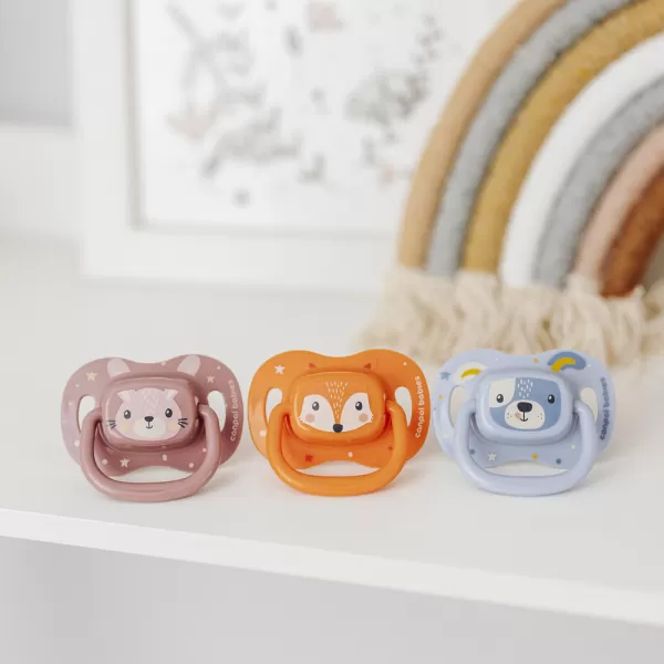 CANPOL BABIES Dudlík silikonový symetrický Cute animals 6-18m 1ks oranžový