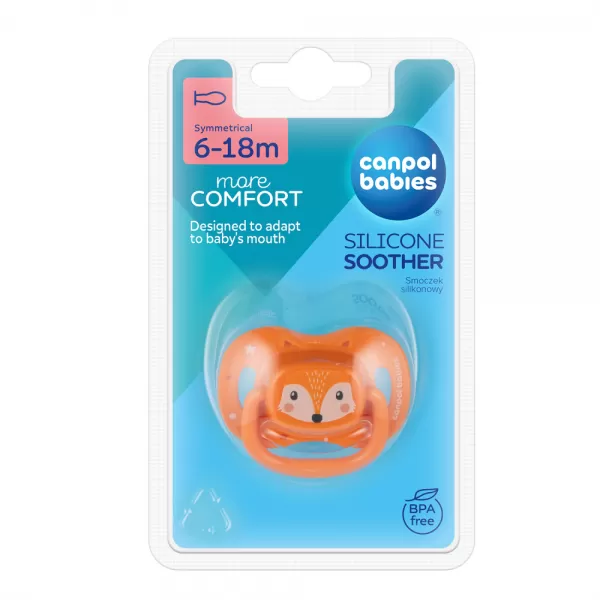 CANPOL BABIES Dudlík silikonový symetrický Cute animals 6-18m 1ks oranžový