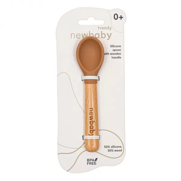 New Baby Silikonová lžička s dřevěnou rukojetí
