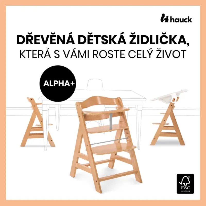Hauck Alpha+ set 2v1 dřevěná židle, natural + polstrování Melange charcoal