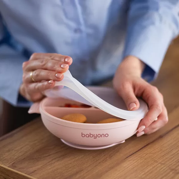 BABYONO Talíř silikonový s přísavkou a víčkem růžový 6m+