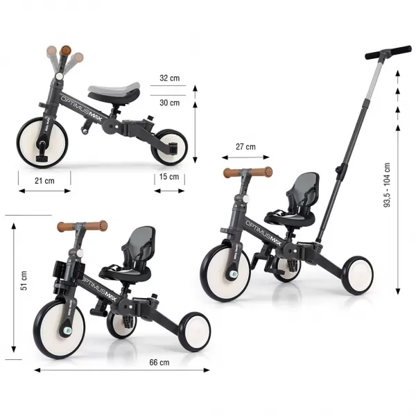 Milly Mally Dětská tříkolka 5v1 Optimus Max s vodící tyčí dark grey