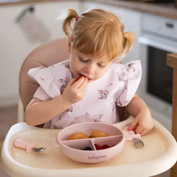 BABYONO Talíř silikonový s přísavkou a víčkem růžový 6m+