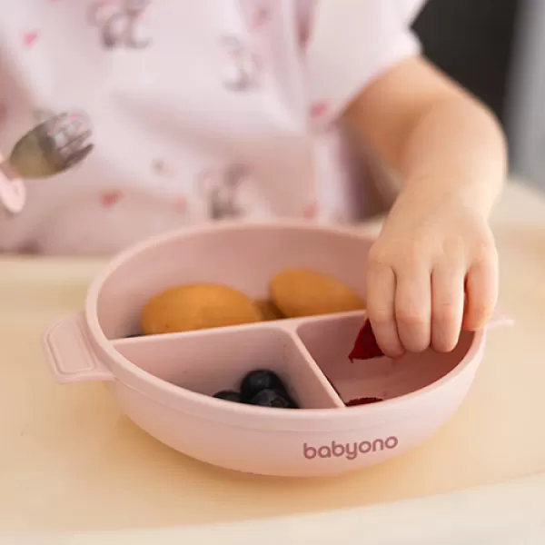 BABYONO Talíř silikonový s přísavkou a víčkem růžový 6m+