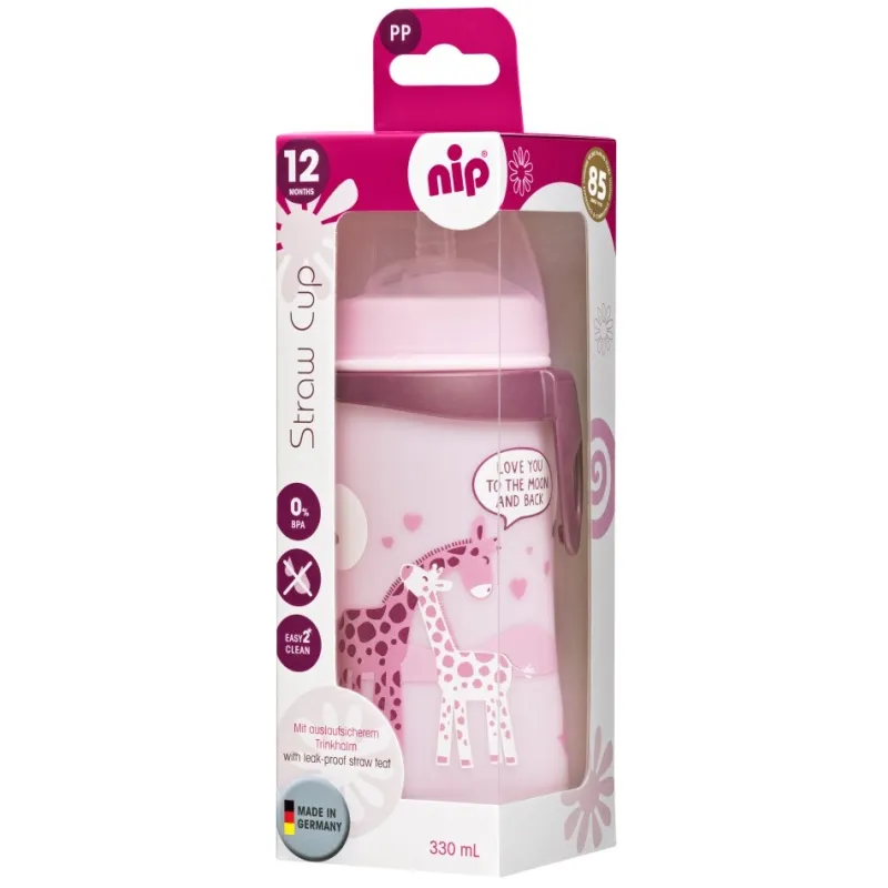NIP Straw cup láhev s brčkem, 330ml, holka